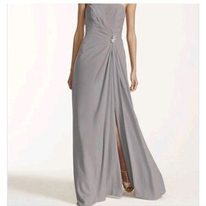 David’s Bridal Long Strapless Crepe Dress with Brooch Elegant Gray Evening Gown